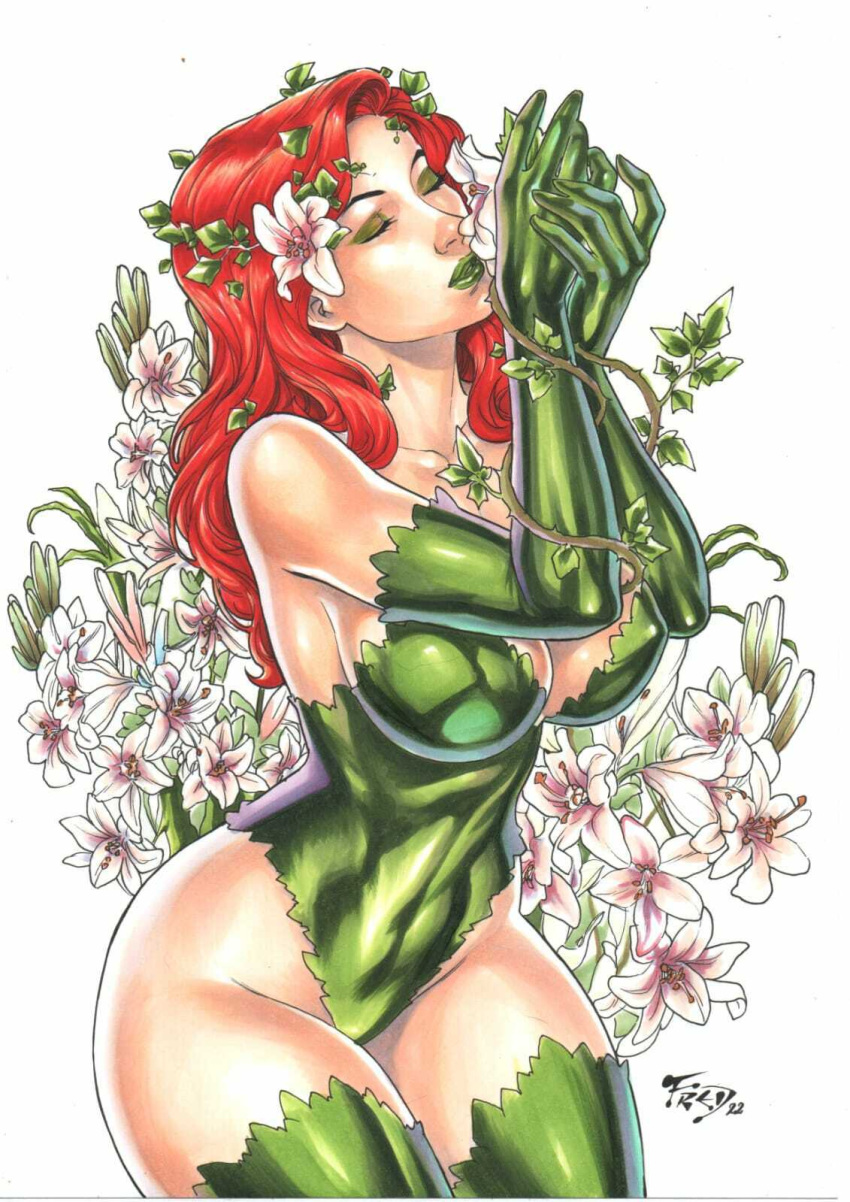 1girls 2019 batman_(series) big_breasts breasts busty cleavage dc dc_comics ed_benes_studio eyeshadow female female_only fred_benes green_eyes green_leotard green_lips green_lipstick large_breasts leotard lipstick long_hair looking_to_the_side makeup mascara pamela_isley pinup plant poison_ivy red_hair signature solo thighs traditional_media