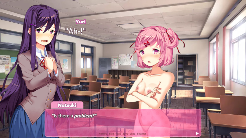 2girls arms_crossed arms_crossed_under_breasts blue_skirt blush casual classroom classroom_nudity closet crossing_arms desk desks doki_doki_literature_club english_text female female_only flushed flustered human multiple_girls naked natsuki_(doki_doki_literature_club) no_clothes nude nudist pale_skin pink_eyes pink_hair pink_text_box public purple_eyes purple_hair sassy skirt small_breasts small_chest sprite suprised suprised_expression suprised_eyes suprised_look surprised_face sweat sweating text text_box uniform windows yuri_(doki_doki_literature_club)