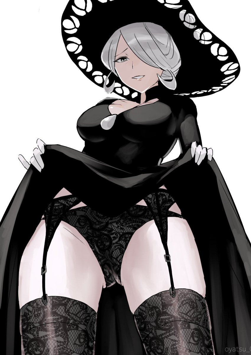 1girls big_breasts black_dress black_panties bottomwear breasts clothing cogita_(pokemon) dress dress_lift female female_only game_freak garter_belt garter_straps gilf hair hair_over_one_eye hat lace lace-trimmed_garter_belt lace-trimmed_legwear lace-trimmed_panties lace-trimmed_thighhighs lifting_dress looking_at_viewer looking_down mature mature_female mature_woman milf oyatsu_0 panties pokemon pokemon_legends:_arceus smile solo solo_female sunhat thick_thighs thighs topwear white_eyes white_hair