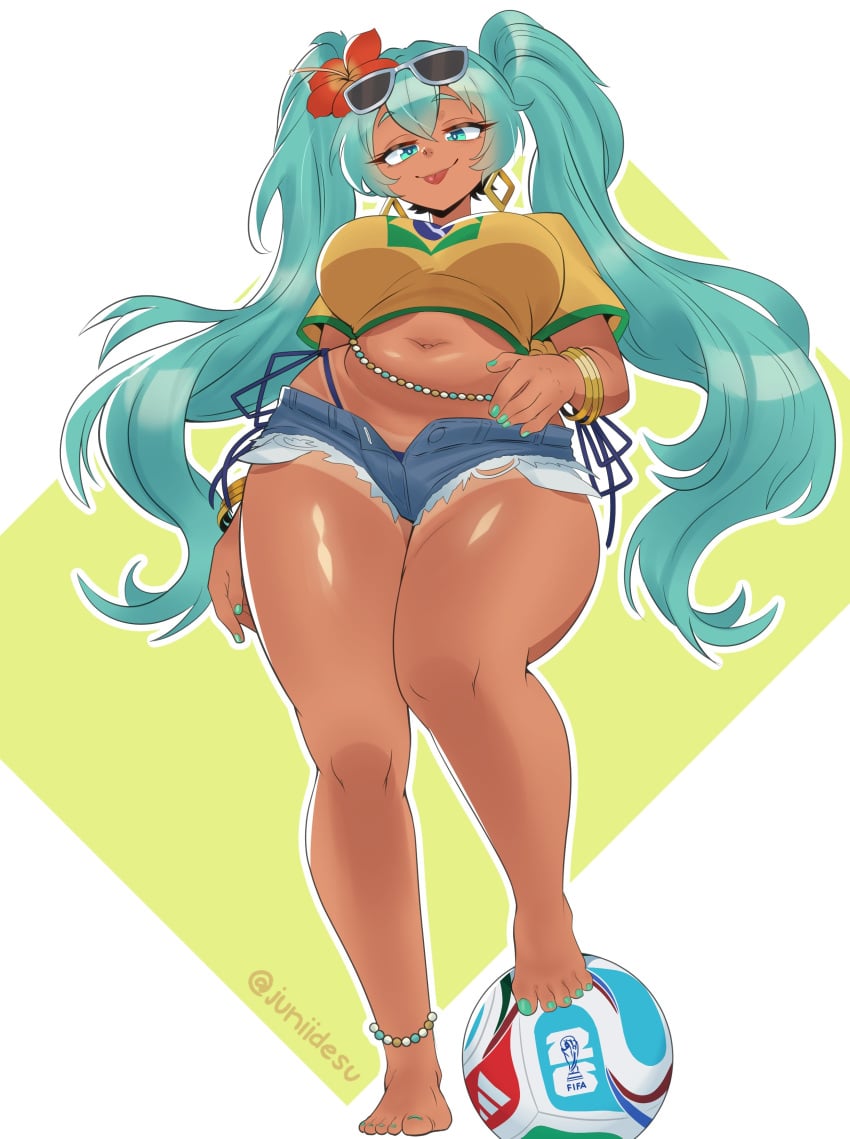 1girls bare_legs barefoot brazilian brazilian_female brazilian_miku earrings feet female female_focus female_only hair_ornament hatsune_miku long_hair looking_at_viewer nail_polish short_shorts shorts soccer_ball sunglasses sunglasses_on_head tan_skin tanline tanned_female tanned_skin thong_straps tongue tongue_out turquoise_eyes turquoise_hair turquoise_nails very_long_hair