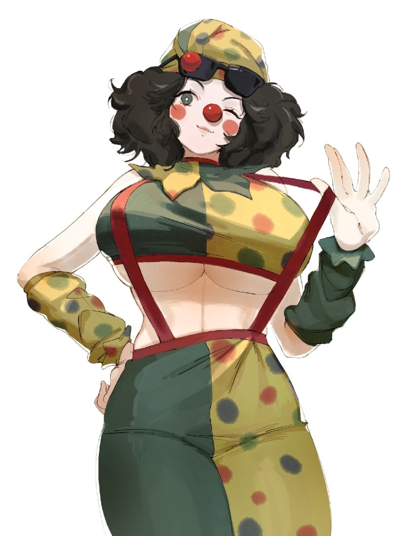 bebey_(streamer) belly belly_button big_breasts clown clown_girl clown_makeup clown_nose clussy clussy_bebs cuffs dark_hair green_cuffs green_eyes polka_dot polka_dot_clothing polka_dot_cuffs polka_dot_hat polka_dot_legwear red_nose rule_63 streamer sunglasses_on_head suspenders underboob wink winking winking_at_viewer youtuber ангелина_репалова деградач