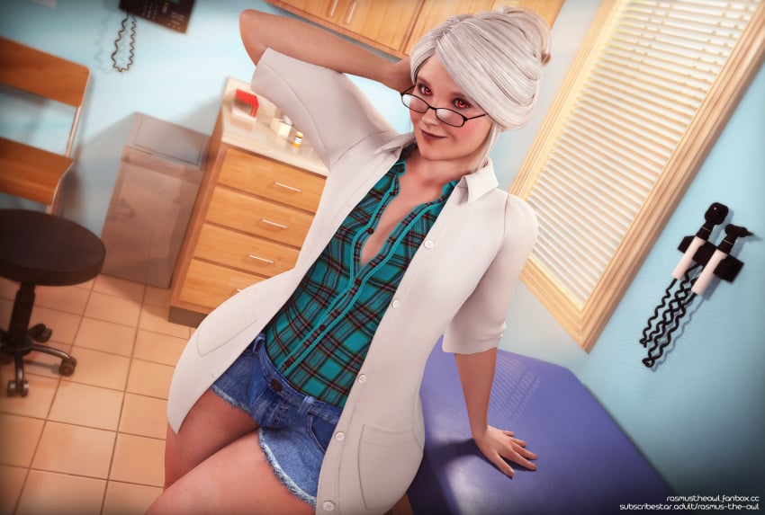 1boy 3d 3d_(artwork) androgynous arthur_starwind big_ass blush clothed doctor femboy feminine_male freckles girly glasses huge_ass male male_only medical original original_character rasmus-the-owl red_eyes sissy solo thick_thighs trap veterinarian white_hair wide_hips