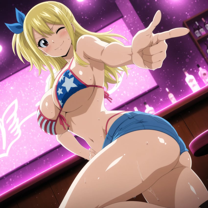 ai_generated american_flag_bikini bikini_top fairy_tail huge_breasts lucy_heartfilia one_eye_closed shorts smiling
