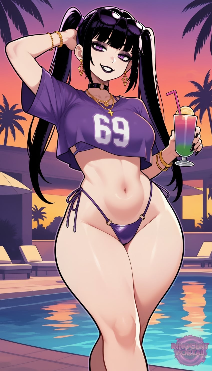 ai_generated barely_clothed big_breasts bikini black_hair black_lipstick black_makeup black_nail_polish black_nails bracelets breasts choker drink_in_hand earrings gold_(metal) gold_collar gold_earrings gold_jewelry goth goth_girl goth_makeup gothic grand_theft_auto grand_theft_auto_vi gta_vi_cover_girl jorgecarlosai legs lipstick long_hair navel purple_bikini purple_eyes purple_shirt purple_thong shirt side-tie_bikini side-tie_panties small_shirt thighs thong twin_tails twintails twintails_(hairstyle) watermark