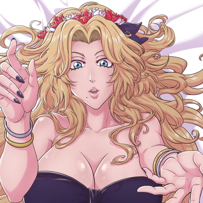 1girl bandeau big_breasts black_bandeau black_nails bleach blonde_hair blue_eyes bracelet bracelets breasts cleavage collarbone commentary head_wreath highres huge_breasts jewelry lips long_hair lying matsumoto_rangiku mole mole_under_mouth on_back parted_lips reaching reaching_towards_viewer solo sonzhondaya upper_body wavy_hair