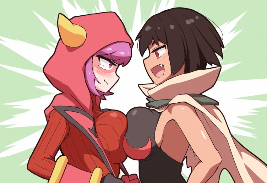 2022 2girls big_breasts breast_contest breast_to_breast breasts chocolate_and_vanilla courtney_(pokemon) courtney_(pokemon_oras) female_only kurachi_mizuki nintendo pokemon pokemon_oras short_black_hair symmetrical_docking tagme zinnia_(pokemon)