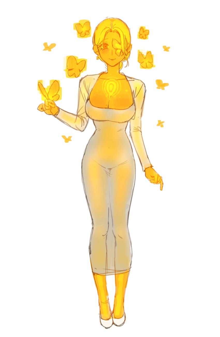 1girls butterfly dress female female_focus glowing glowing_body humanized humanoid limbus_company moth non-human project_moon short_hair simple_background smile smiling_at_viewer solo solo_female tight_clothing white_background yellow_eyes yellow_hair