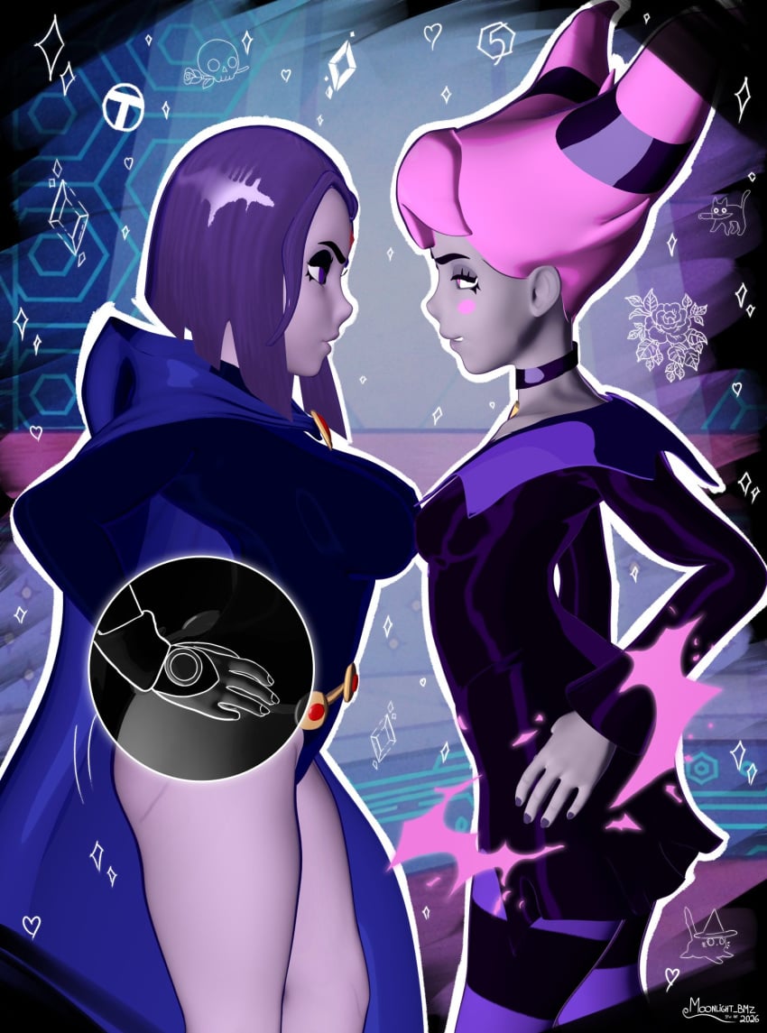 2girls 3d big_breasts big_thighs breasts cambion clothing curvaceous curvy curvy_figure dc dc_comics demon demon_girl female forehead_jewel grey-skinned_female grey_body grey_skin half-demon half_demon hips hourglass_figure huge_thighs human humanoid jinx_(dc) large_thighs legs magic mature mature_female moonlight_bmz nonsexual pale-skinned_female pale_skin rachel_roth raven_(dc) raven_(teen_titans) slim_waist sorceress teen_titans thick thick_hips thick_legs thick_thighs thighs voluptuous waist wide_hips