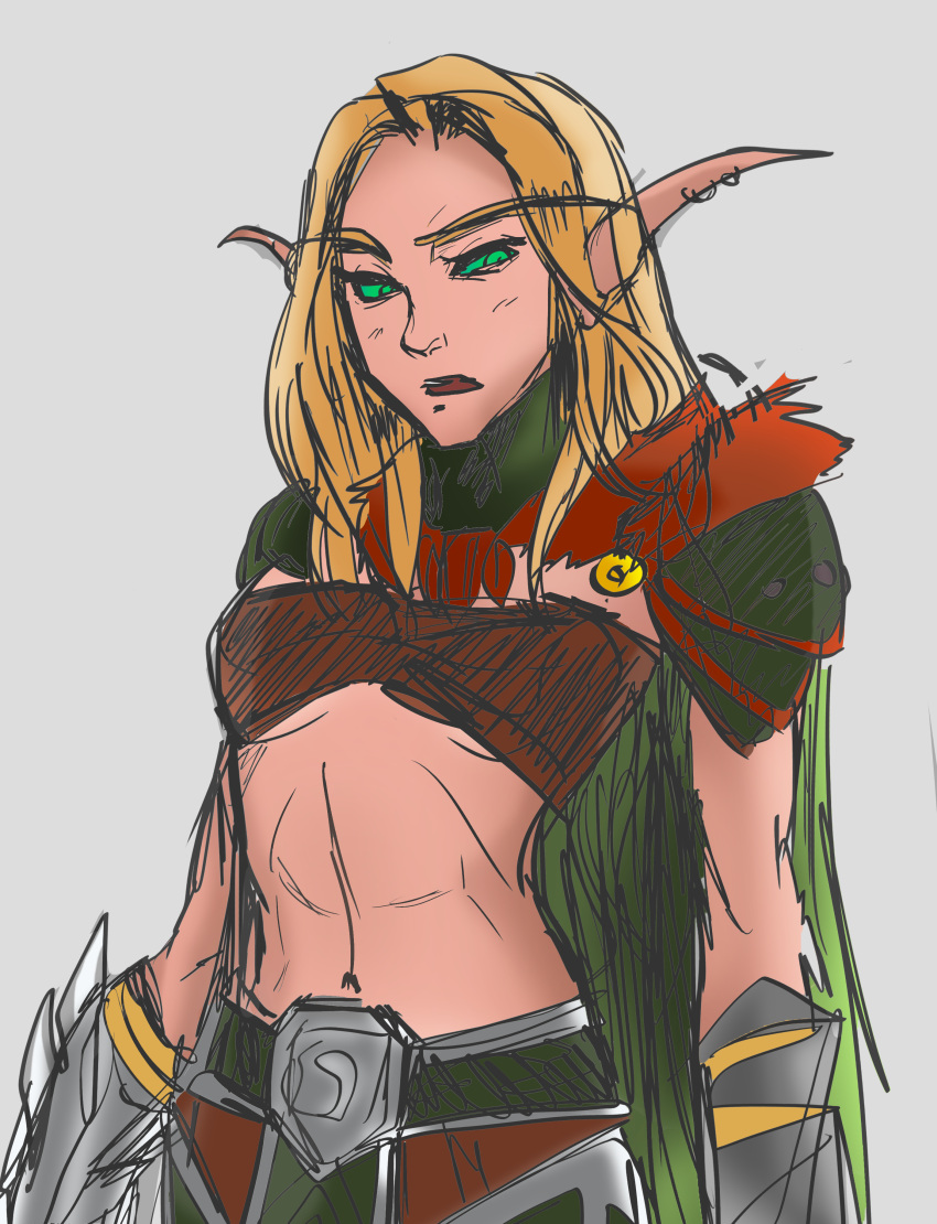 annoyed_expression armor blonde_hair blood_elf elf leyawin sketch small_breasts sorrowofdestiny stomach toned_female warcraft