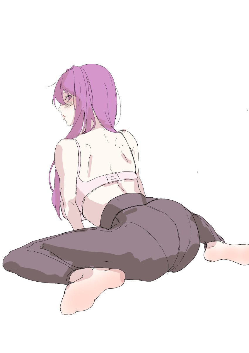 black_leggings blush bra doki_doki_literature_club flustered leggings looking_at_viewer looking_back looking_back_at_viewer no_shirt pink_bra purple_eyes purple_hair socks suishi_chr_(artist) yuri_(doki_doki_literature_club)