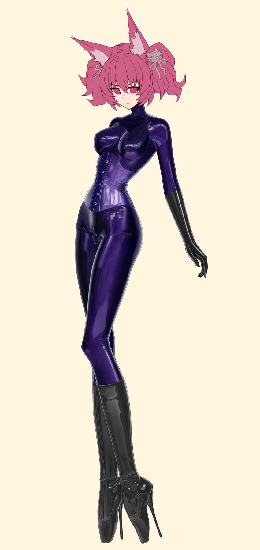 1girls ballet_boots ballet_heels corset female female_only fully_clothed gloves high_heels hourglass_figure latex latex_clothing latex_gloves latex_suit purple_latex rubber rubber_clothing shiny_clothes simple_background slim_waist small_waist tight_clothing very_high_heels