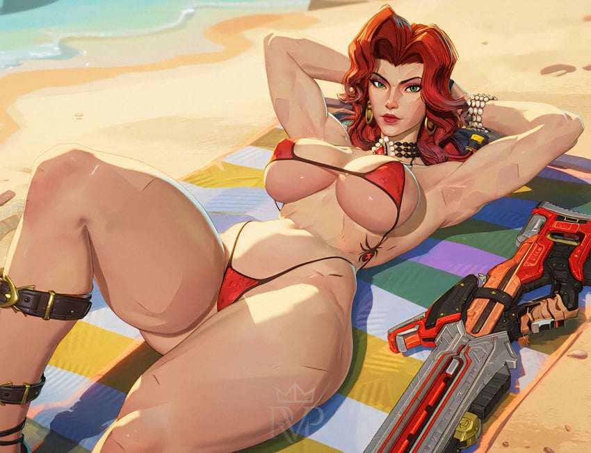 beach bikini black_widow_(aquatic_assassin) black_widow_(marvel) black_widow_(marvel_rivals) green_eyes marvel marvel_rivals outdoors red_hair redhead renanvp