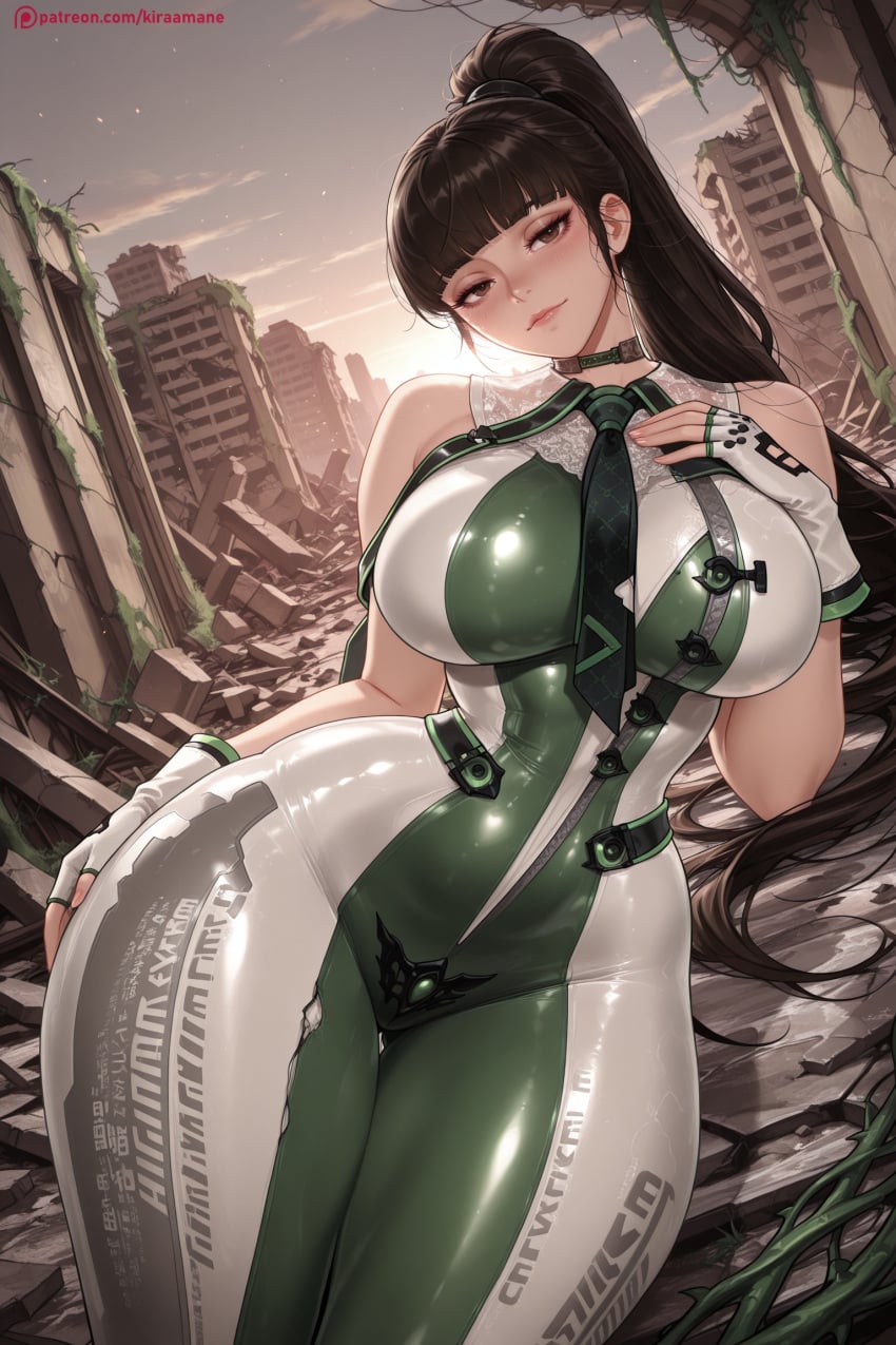 1girl ai_generated bangs bare_shoulders blunt_bangs blush bodysuit breasts brown_eyes eve_(stellar_blade) gloves hand_on_own_chest hi_res high_ponytail high_quality high_resolution kiraamane large_breasts long_hair looking_at_viewer mole necktie patreon ponytail seductive sexy shiny solo stellar_blade thighs uncensored watermark
