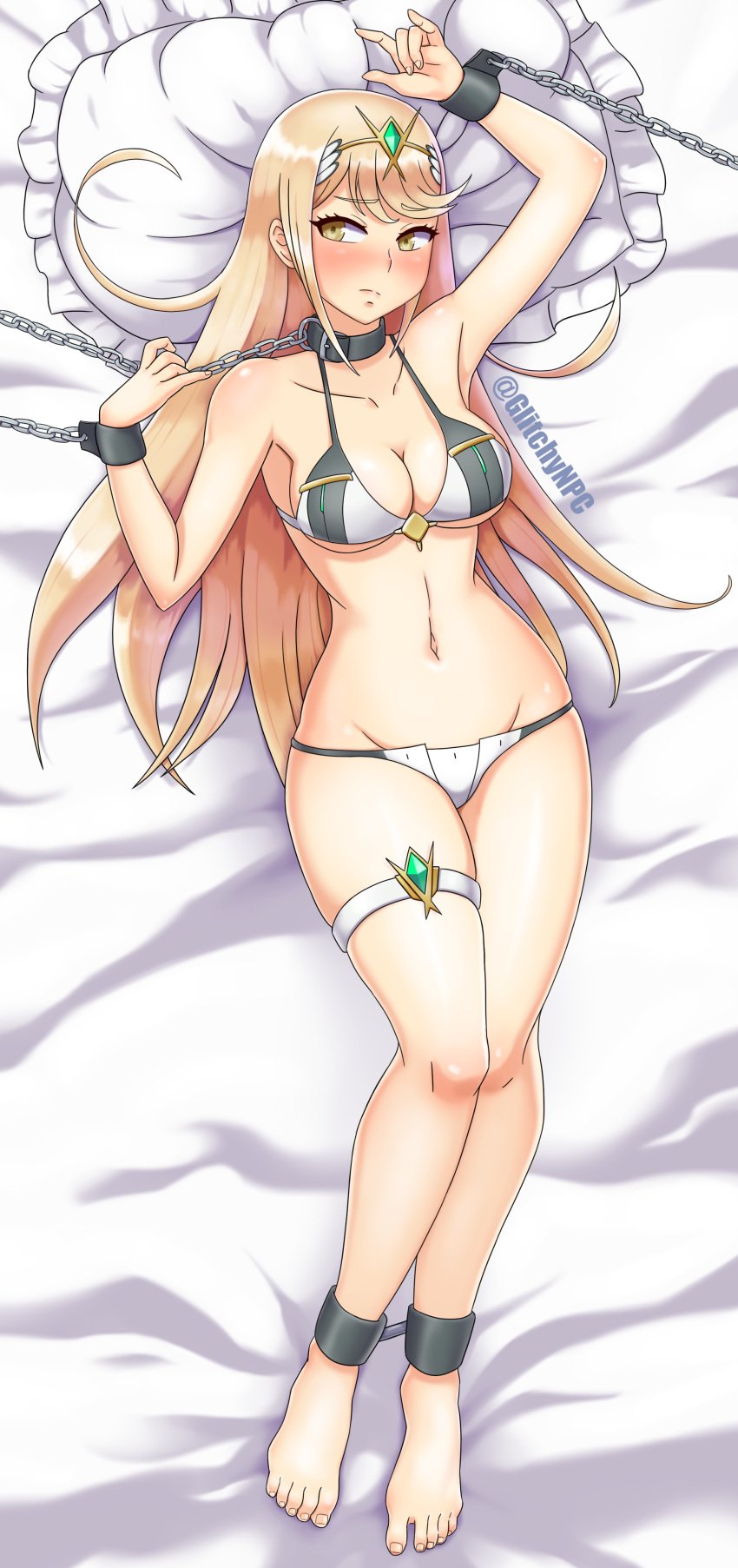 ankle_cuffs bikini blonde_female blonde_hair body_pillow bondage breasts chain_leash chains collar dakimakura_design dakimakura_pillow glitchynpc leash long_hair medium_breasts mythra nintendo pillow restrained restraints thigh_strap wrist_cuffs xenoblade_(series) xenoblade_chronicles_2 yellow_eyes