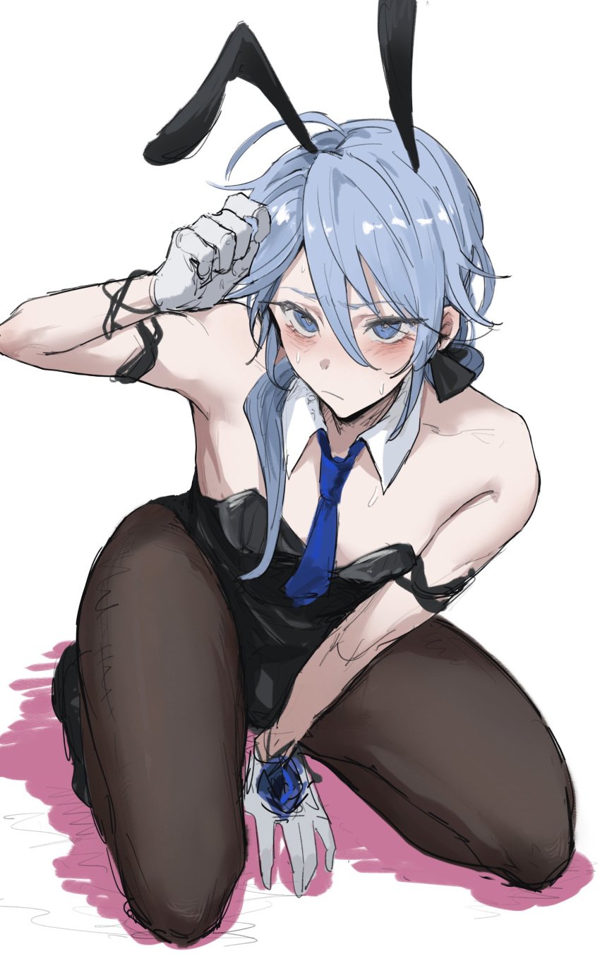 1boy arashi artist_request blue_eyes blue_hair blush bulge bunny_ears bunnysuit edmond_(nu:_carnival) embarrassed femboy feminine_male girly glove gloves heavy_blush legs light_blue_eyes light_blue_hair nu:_carnival penis_bulge shy slutty_outfit tagme_(artist) thick thick_legs thick_thighs tie twink