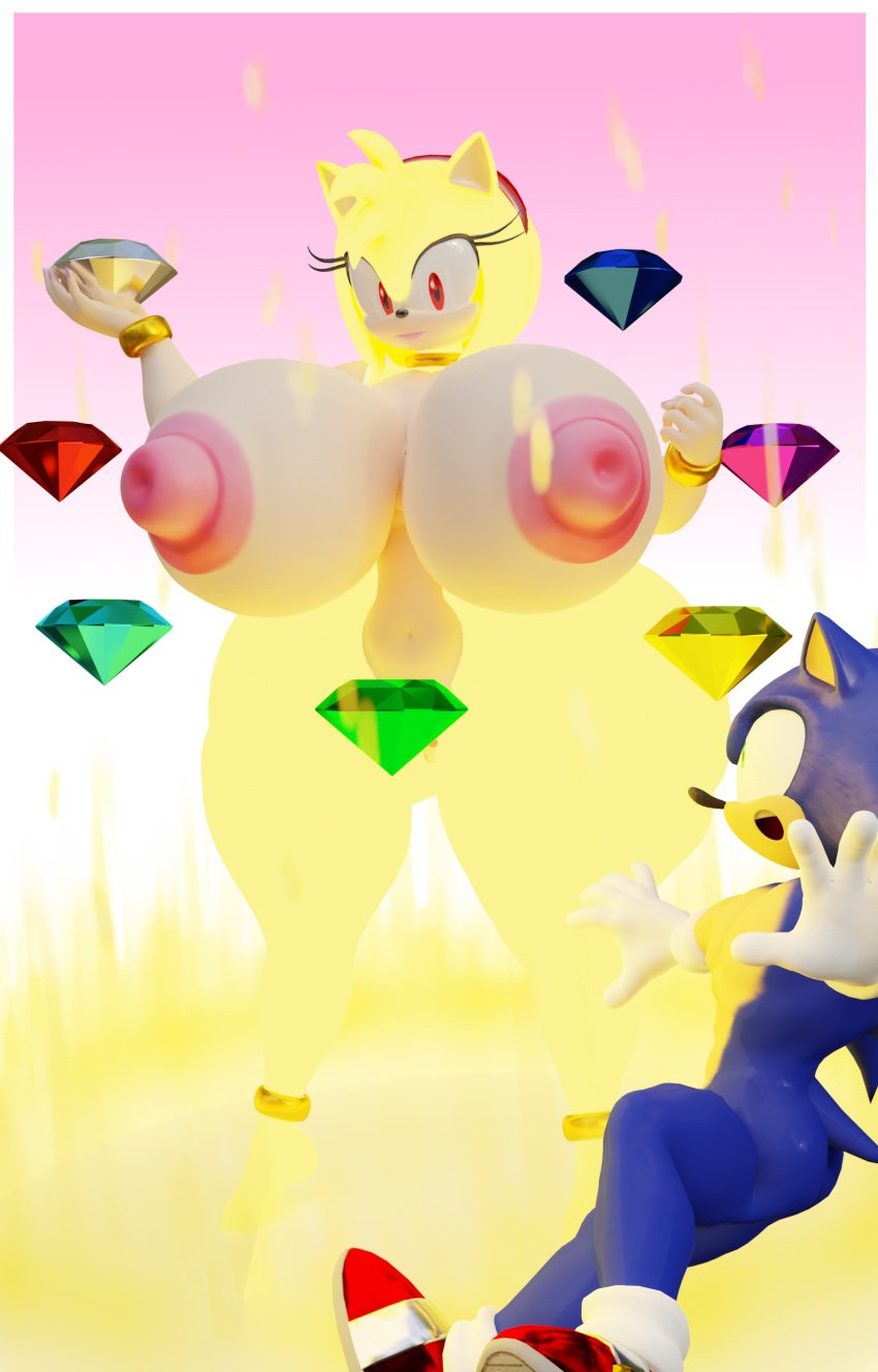 1boy 1girls 3d amy_rose anklewear anthro chaos_emerald exposed_torso female footwear handwear handwear_and_footwear_only huge_ass huge_breasts humanoid male minttoo sonic_(series) sonic_the_hedgehog sonic_the_hedgehog_(series) super_amy wristwear