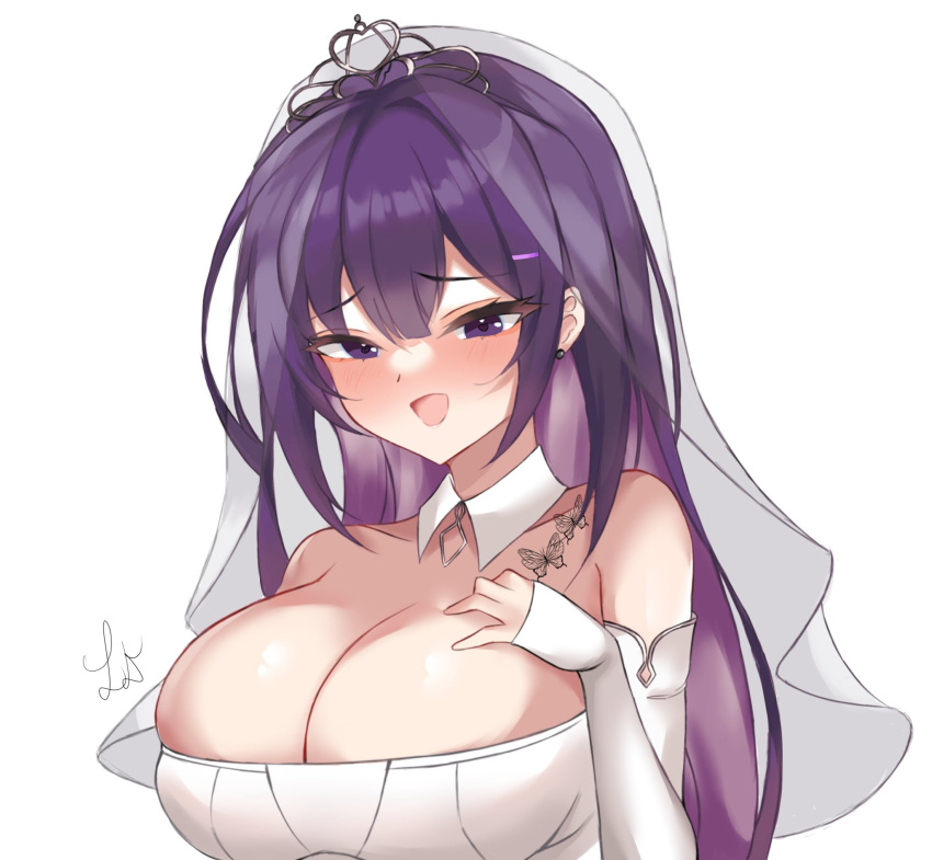 barely_covered_breasts big_breasts bride butterflies doki_doki_literature_club dress huge_breasts ldecarabia_(artist) looking_at_viewer open_mouth purple_eyes purple_hair smiling wedding wedding_clothing wedding_dress white_clothing white_dress wholesome yuri_(doki_doki_literature_club)