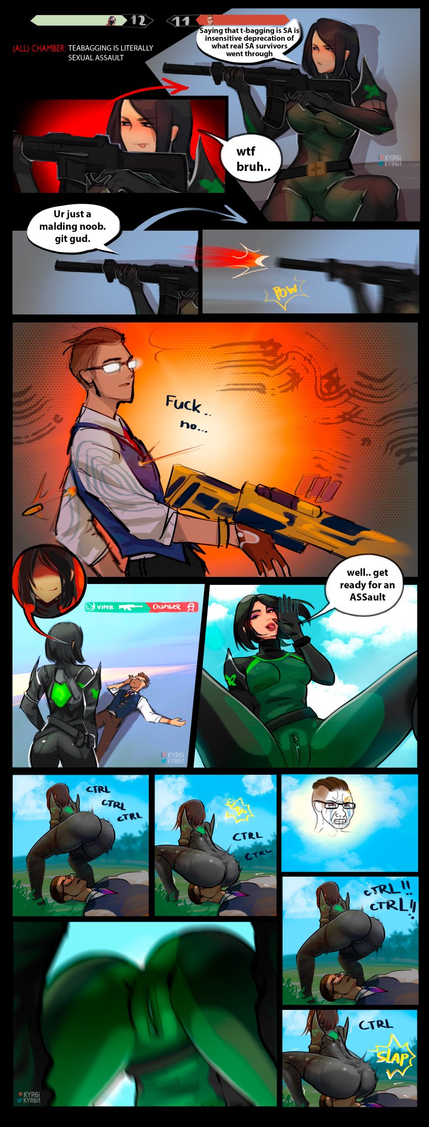 big_ass chamber_(valorant) comic facesitting femdom gun kyr6i1 male/female riot_games suppressor valorant viper_(valorant)