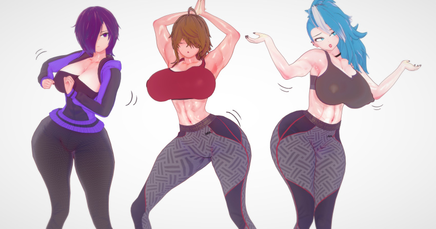 3d 3girls big_ass big_breasts blue_eyes blue_hair brown_hair female gaz_(snats) gym_clothes jill_(snats) muscular_female purple_eyes purple_hair sapphire_(snats) snats twisted_world_(game) white_background