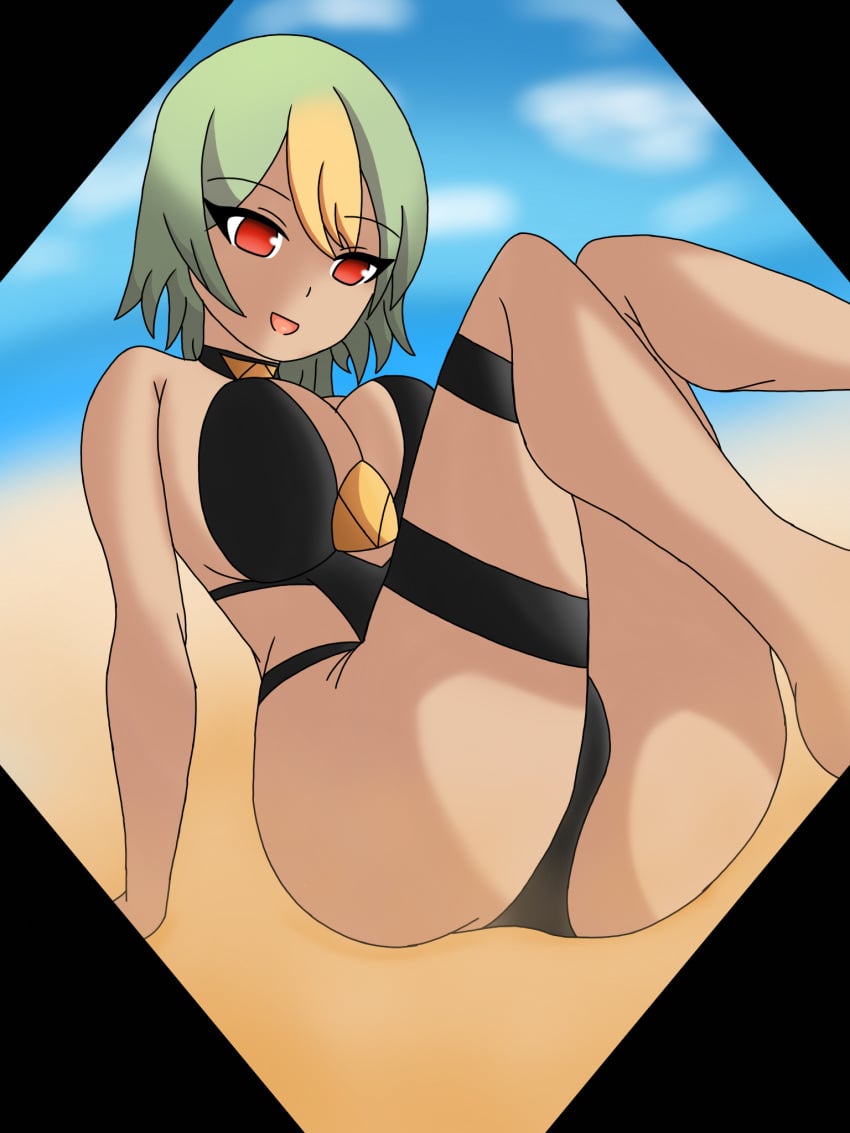 1girls alternate_costume ass ass_focus big_ass big_breasts bikini black_swimsuit dark_skin days female female_only fire_emblem fire_emblem_heroes green_hair laegjarn_(fire_emblem) laegjarn_(summer)_(fire_emblem) nintendo official_alternate_costume one-piece_swimsuit red_eyes swimsuit