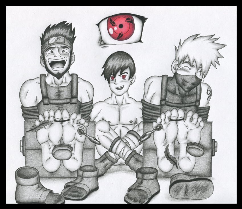 3boys arms_tied barefoot black_and_white blush bondage foot_imprint footprint_on_sandals hatake_kakashi jaden_(trueticklefanatic) kakashi_hatake male male_feet male_foot_fetish male_only monochrome naruto naruto_(series) red_eyes rope sandals sarutobi_asuma sharingan shoes_removed stocks tattoo tattoo_on_shoulder tears tickle_torture tickling tickling_feet trueticklefanatic