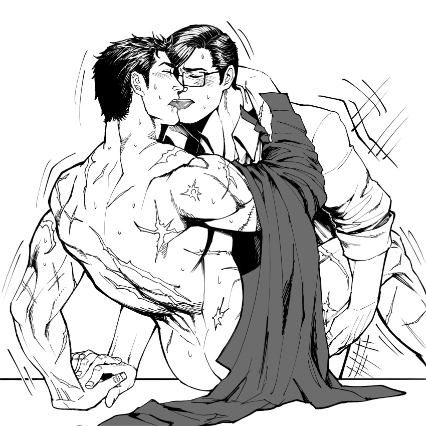 2boys anal ass back bara batman batman_(series) blush bruce_wayne clark_kent closed_eyes collared_shirt couple dc_comics french_kiss glasses greyscale highres holding_another's_leg holding_hands kissing large_pectorals male_focus mature_male monochrome multiple_boys muscular muscular_male nude pectorals scar scar_on_arm scar_on_back sex shirt shirt_removed short_hair superbat superman superman_(series) tongue tongue_out yaoi yooko youko