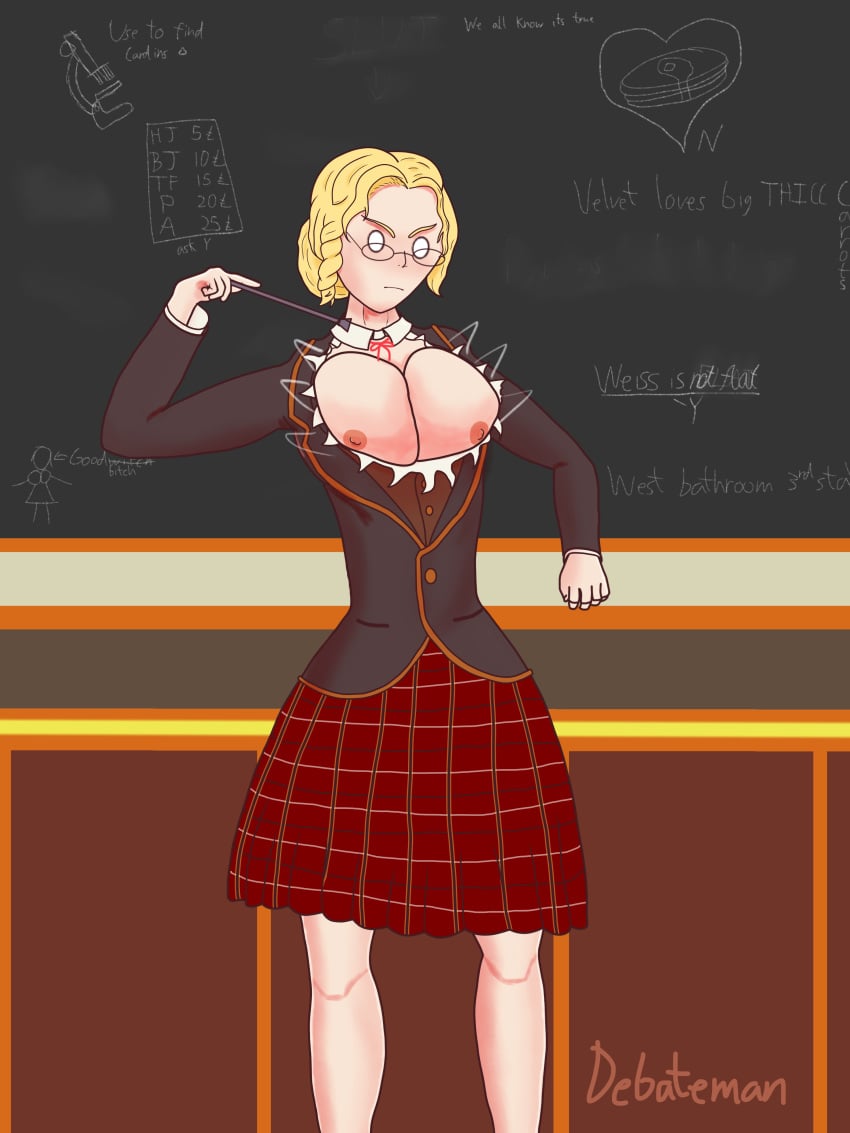 1girls blonde_hair clothes_bursting debateman_(artist) glynda_goodwitch green_eyes hair_bun large_breasts nipples rwby skirt surprised uniform