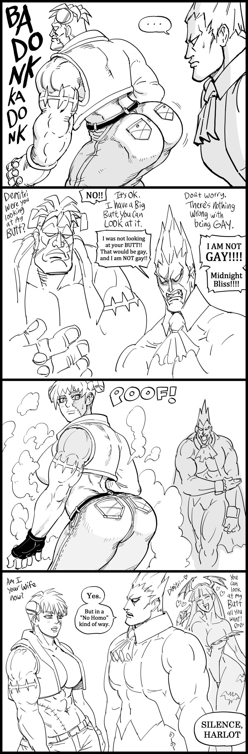 ... 2boys 2girls 4koma absurd_res ass bat_wings bb_(baalbuddy) breasts capcom cleavage clothing comic darkstalkers demitri_maximoff demon dialogue english_text funny greyscale large_breasts long_hair midnight_bliss monochrome morrigan_aensland muscular muscular_female muscular_male navel no_homo rule_63 scar short_hair speech_bubble succubus vampire victor_von_gerdenheim white_background