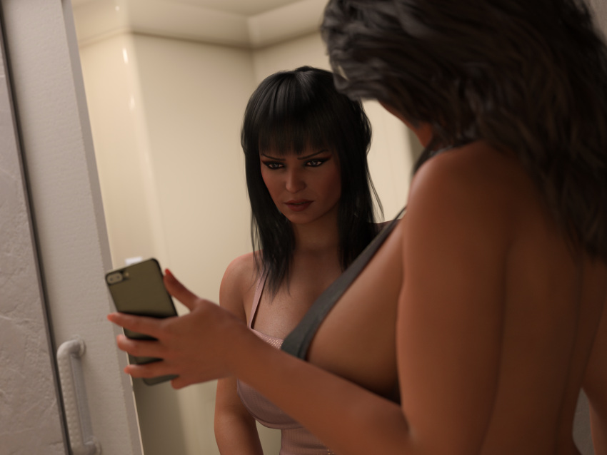 1futa 2020 2girls 3d 3d_(artwork) ally_(kyla) black_dress black_hair brown_hair clothed clothing depth_of_field dress futanari genna_(kyla) holding_object holding_smartphone huge_breasts indoors kyla_(artist) multiple_girls original_character original_characters slushe_(website) smartphone standing