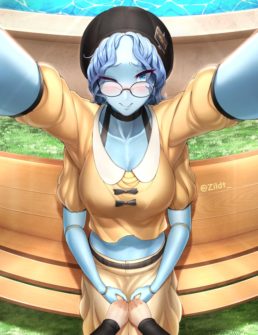 1girls big_breasts blue_skin blush cleavage elden_ring female female_only fromsoftware glasses hand_holding holding_hands imminent_hug incoming_hug midriff modern_au multi_arm multi_limb pov ranni_the_witch wholesome zildt_