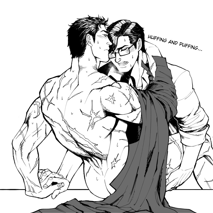 2boys anal ass back bara batman batman_(series) blush bruce_wayne clark_kent closed_eyes closed_mouth collared_shirt couple dc_comics english_text glasses greyscale highres holding_another's_leg holding_hands large_pectorals looking_at_another male_focus mature_male monochrome multiple_boys muscular muscular_male nude open_mouth pectorals scar scar_on_arm scar_on_back sex shirt shirt_removed short_hair superbat superman superman_(series) yaoi yooko youko