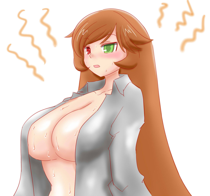 blush brown_hair female heterochromia huge_breasts itini-sanshi long_hair open_clothes open_mouth rozen_maiden suiseiseki sweat tagme