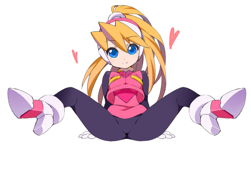 bangs blonde_hair blue_eyes bodystocking breasts capcom ciel_(mega_man) female female_focus gloves hair_between_eyes helmet kaidou_zx long_hair looking_at_viewer mega_man mega_man_zero navel open_mouth pink_vest ponytail simple_background sleeveless small_breasts smile solo spread_legs spreading swept_bangs upper_body very_long_hair vest white_background white_gloves