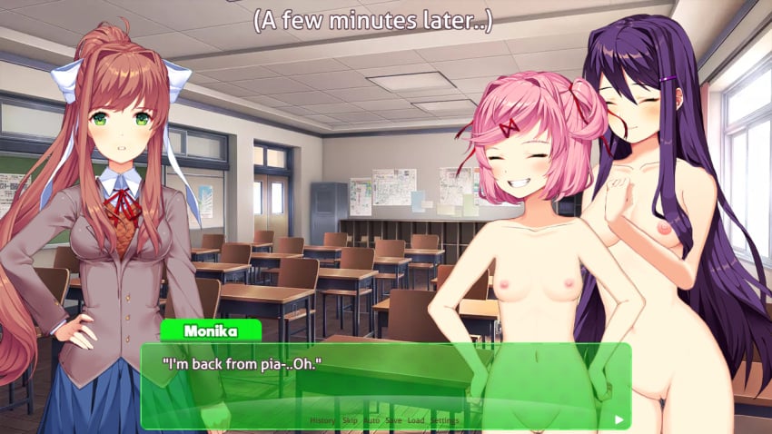 3girls accurate_art_style big_breasts big_text blue_skirt bow brown_hair casual classroom classroom_nudity closed_eyes desk desks doki_doki_literature_club english_text female female_only green_eyes green_text_box grinning hairclip hand_on_hip hands_on_hips happy happy_female human monika_(doki_doki_literature_club) multiple_girls naked natsuki_(doki_doki_literature_club) no_clothes nude nudist pale_skin panel pink_hair ponytail public purple_hair purple_hairclip red_hairclip school_uniform skirt small_breasts small_chest smiling sprite text text_box uniform white_bow window yuri_(doki_doki_literature_club)