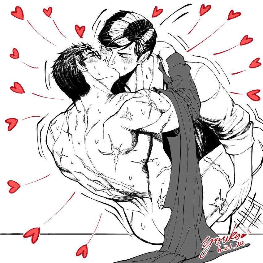 2boys anal artist_name ass back bara batman batman_(series) blush bruce_wayne clark_kent closed_eyes collared_shirt couple dated dc_comics glasses greyscale heart highres holding_another's_leg holding_hands kissing large_pectorals male_focus mature_male monochrome multiple_boys muscular muscular_male nude pectorals scar scar_on_arm scar_on_back sex shirt shirt_removed short_hair smile superbat superman superman_(series) yaoi yooko youko