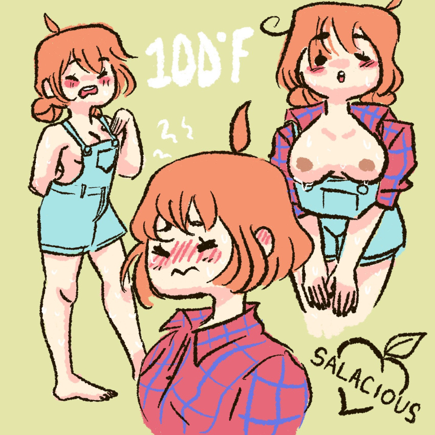 angry barefoot black_nails blush closed_eyes crying exposed_breasts feet flannel mob_face multiple_poses nail_polish naked_overalls oc orange_hair original_character overalls pale_skin peachy_(salaciouspeachy) red_hair salaciouspeachy sweat