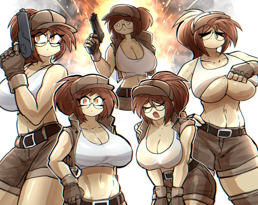 1girls belly belt breasts brown_gloves brown_hair cleavage clothed clothing crop_top explosion female female_only fingerless_gloves fio_germi glasses gloves gun hat kyurby_(zzzhodazzz) large_breasts metal_slug midriff multiple_views navel orange_eyes ponytail pulling_up_shirt shorts solo sweat tank_top tank_top_lift underboob weapon zzzhodazzz