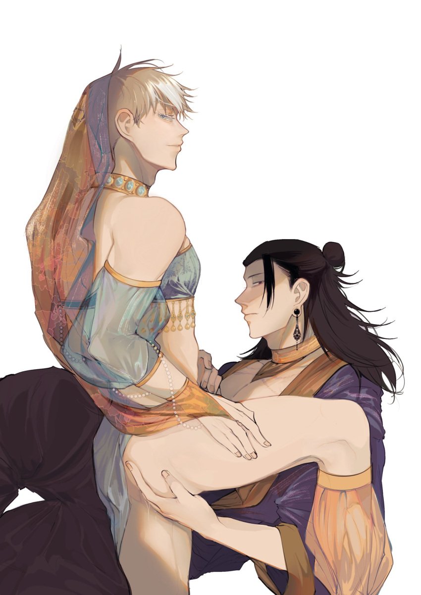 2boys anal anal_fingering arabian_clothes ass bare_shoulders black_hair blue_eyes bridal_gauntlets closed_mouth crossdressing detached_sleeves femboy fingering fingernails gay hair_between_eyes hair_bun halter_top halterneck hand_on_own_thigh jewelry jujutsu_kaisen long_hair looking_at_viewer male male/male male_focus midriff moy64904958 multiple_boys muscular muscular_male pants satoru_gojo short_hair simple_background smile suguru_geto thick_thighs thighs veil white_background white_hair yaoi