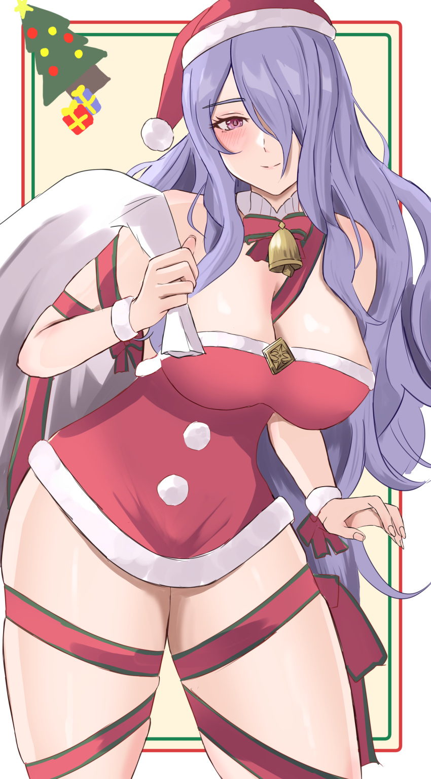 1girls absurd_res bell bell_collar blush camilla_(fire_emblem) christmas christmas_outfit christmas_tree cleavage female female_only fire_emblem fire_emblem_fates hair_over_one_eye hi_res highres long_hair looking_at_viewer nintendo peli_cantaro purple_eyes purple_hair ribbon ribbons sack santa_costume santa_hat smile solo