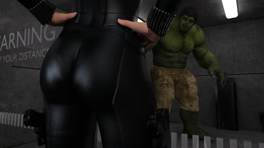 1girls 3d 3d_(artwork) ass ass_focus avengers black_widow_(marvel) bodysuit elmeistro fit_female heroine hulk leather male marvel marvel_comics natasha_romanoff superhero superheroine tight_clothing