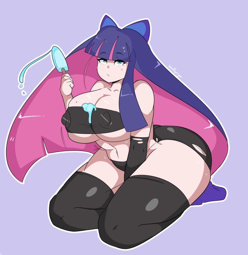 barely_covered_breasts black_clothing black_stockings blue_bow blue_popsicle bow darkdoubloon darkdoubloon_(artist) goth long_hair looking_at_viewer multicolored_hair panty_&_stocking_with_garterbelt pink_hair popsicle popsicle_melting purple_hair ripped_clothing sitting stocking_anarchy stockings uuforya