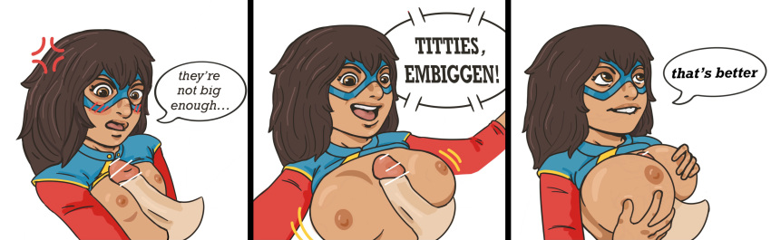 1boy 1girls alternate_breast_size big_breasts breast_expansion breasts comic dark-skinned_female dark_skin dialogue female female_focus interracial kamala_khan large_breasts light-skinned_male light_skin marvel marvel_comics ms._marvel paizuri small_breasts speech_bubble straight tan-skinned_female tara_(artist) text