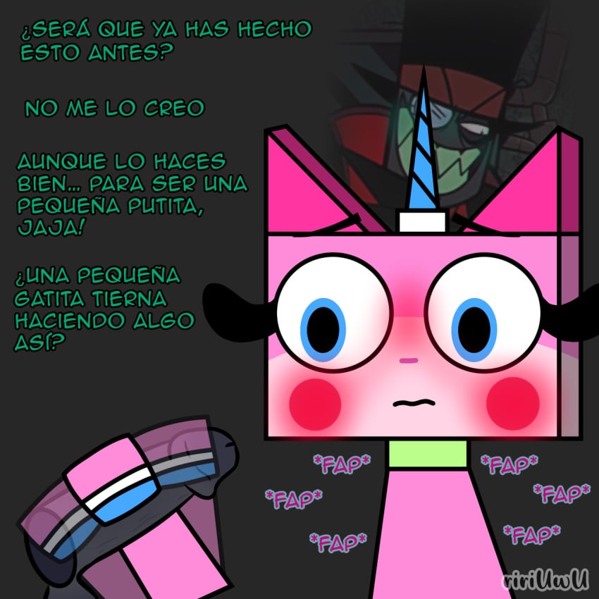 black_hat_(villainous) blue_eyes blush dialogue digital_media_(artwork) female handjob looking_uncomfortable penis pink_body spanish_text tagme text unikitty unikitty! villainous