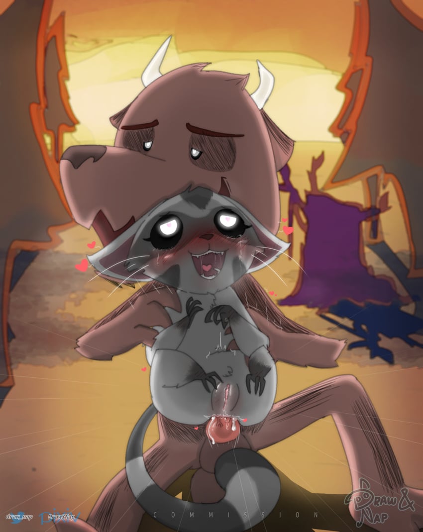 absurd_res ahe_gao anal anal_sex animal_genitalia animal_penis anthro bodily_fluids bovid brown_body brown_fur canine_penis caprine catcoon_(species) chair_position cum cum_in_ass cum_inside don't_starve don't_starve_together dont_starve dont_starve_together draw&nap duo dusk female feral fleshlight_position from_behind_position fur genital_fluids genitals grey_body grey_fur heart hi_res holding_partner horn imp klei_entertainment knot larger_male looking_pleasured male male/female male_on_feral mammal open_mouth outside penetration penis pussy pussy_juice sex silly_face sitting size_difference stomach_bulge video_games wortox