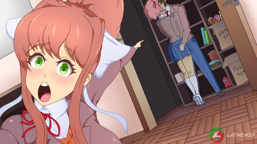 1boy 2girls :o among_us among_us_red ass_grab blue_skirt books boxes closet clothed clothed_female clothed_male clothed_male_clothed_female crewmate_(among_us) cuckquean doki_doki_literature_club female funny grabbing green_eyes hands_on_chest kissing latnemis male mc_(doki_doki_literature_club!) meme monika_(doki_doki_literature_club) multiple_girls natsuki_(doki_doki_literature_club) open_mouth pointing pointing_at_another pointing_soyjak red_(among_us) skirt tippy_toes