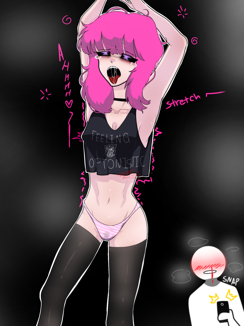 1boy 1girls artist_self-insert artist_signature cropped_shirt cute_deth cute_deth(artist) cute_deth(character) faceless_male female panties pink_hair self_insert stockings stretching tongue tongue_out transformers wet_panties yawn