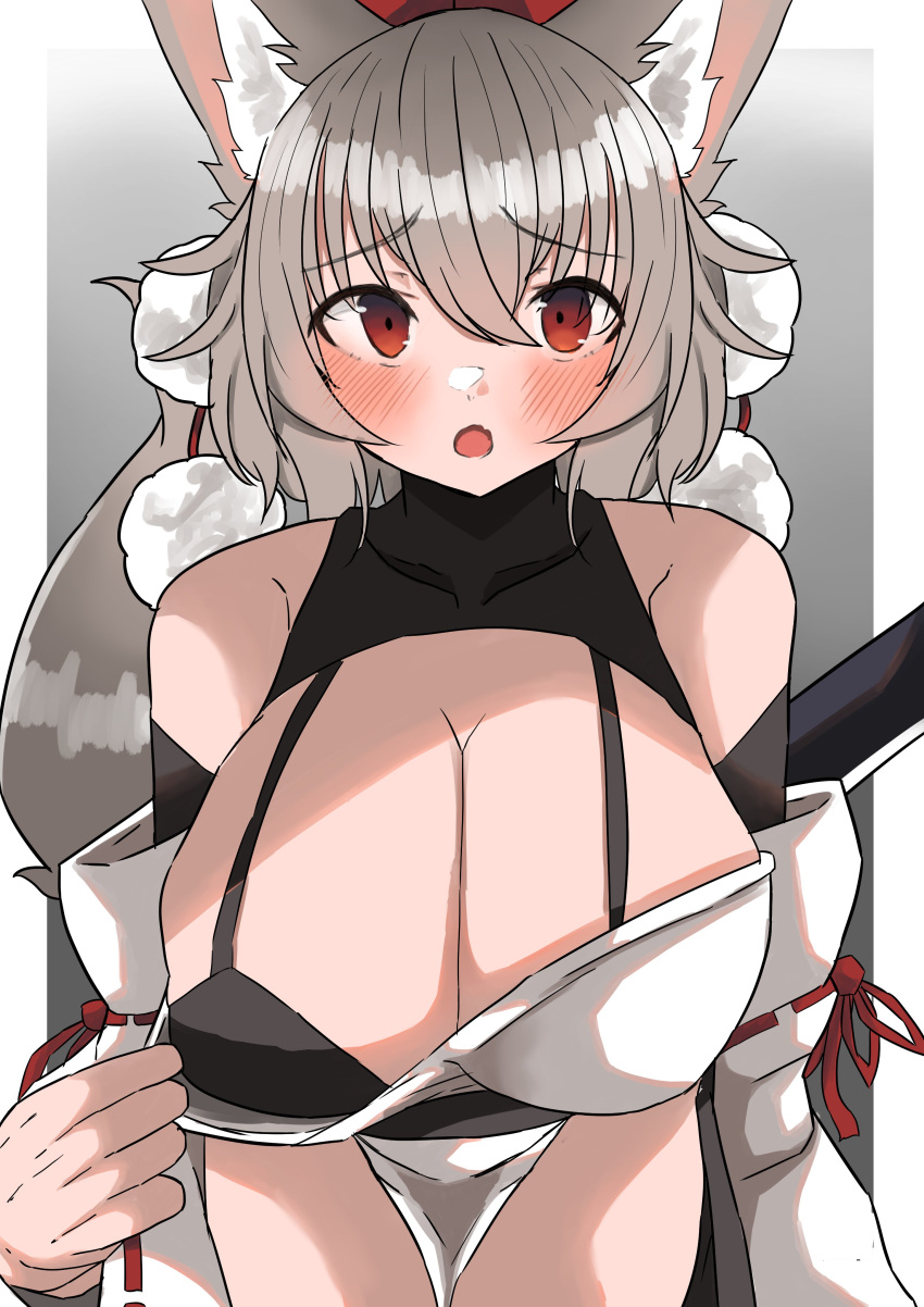 absurdres animal_ear_fluff animal_ears bent_over black_bra blush bra breasts cleavage clothes_pull cowboy_shot detached_sleeves female grey_background grey_hair hat highres huge_breasts looking_at_viewer momiji_inubashiri open_mouth pom_pom_(clothes) pulled_by_self red_eyes red_headwear regua ribbon-trimmed_sleeves ribbon_trim shirt_pull short_hair solo standing sword sword_behind_back tokin_hat touhou underwear weapon wolf_ears