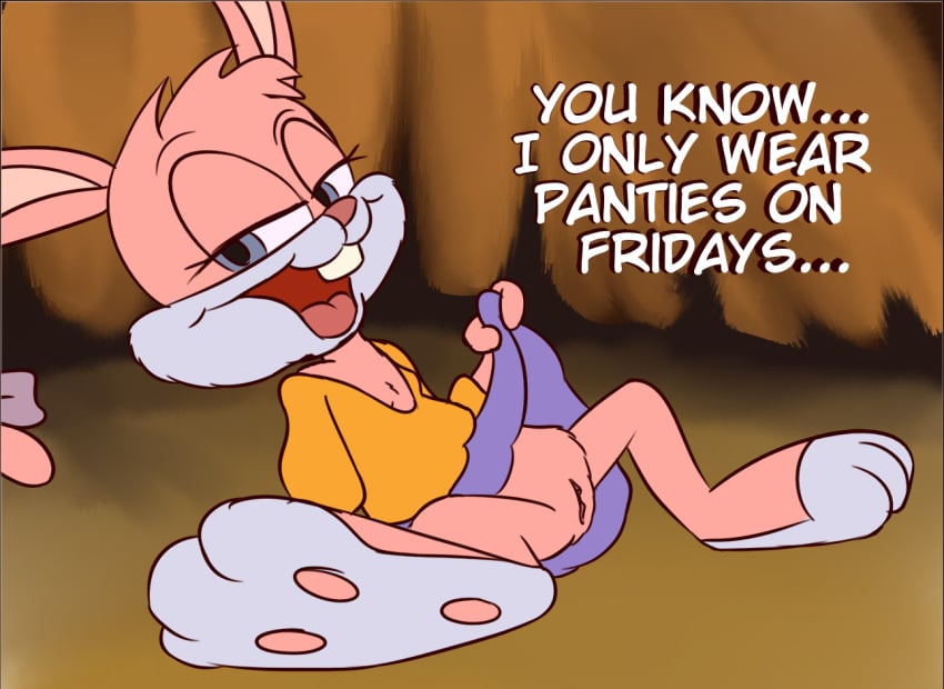 :d anthro babs_bunny clothed clothing female flashing genitals kamperkiller_(artist) lagomorph leporid mammal no_underwear presenting presenting_pussy pussy rabbit smile solo spread_legs spreading teenager text tiny_toon_adventures upskirt warner_brothers young