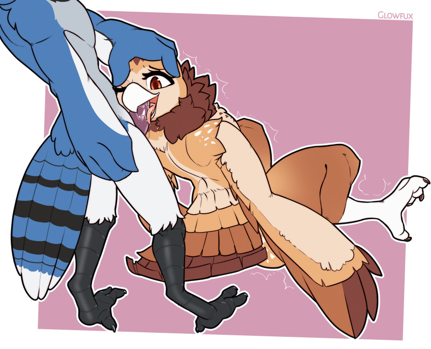 anthro avian beak bird blue_jay bodily_fluids corvid digital_media_(artwork) duo feathers fellatio female genital_fluids genitals glowfux hi_res james_(bluepegasi) jay_(bird) male male/female masked_owl miya_(bluepegasi) new_world_jay oral oral_penetration oscine owl passerine penetration penile penis sex simple_background tapering_penis tongue tytonid wings