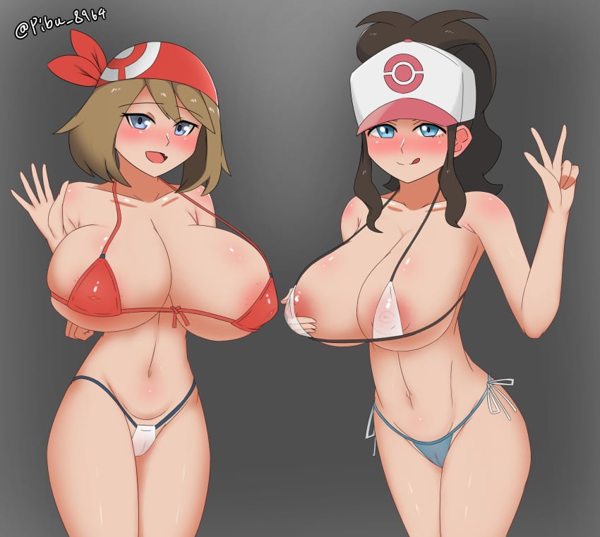 2girls bikini blue_eyes blush brown_hair female_only gray_eyes hat hilda_(pokemon) huge_breasts looking_at_viewer may_(pokemon) multiple_girls nipples peace_sign pibu pokemon pokemon_bw pokemon_rgby smile thighs